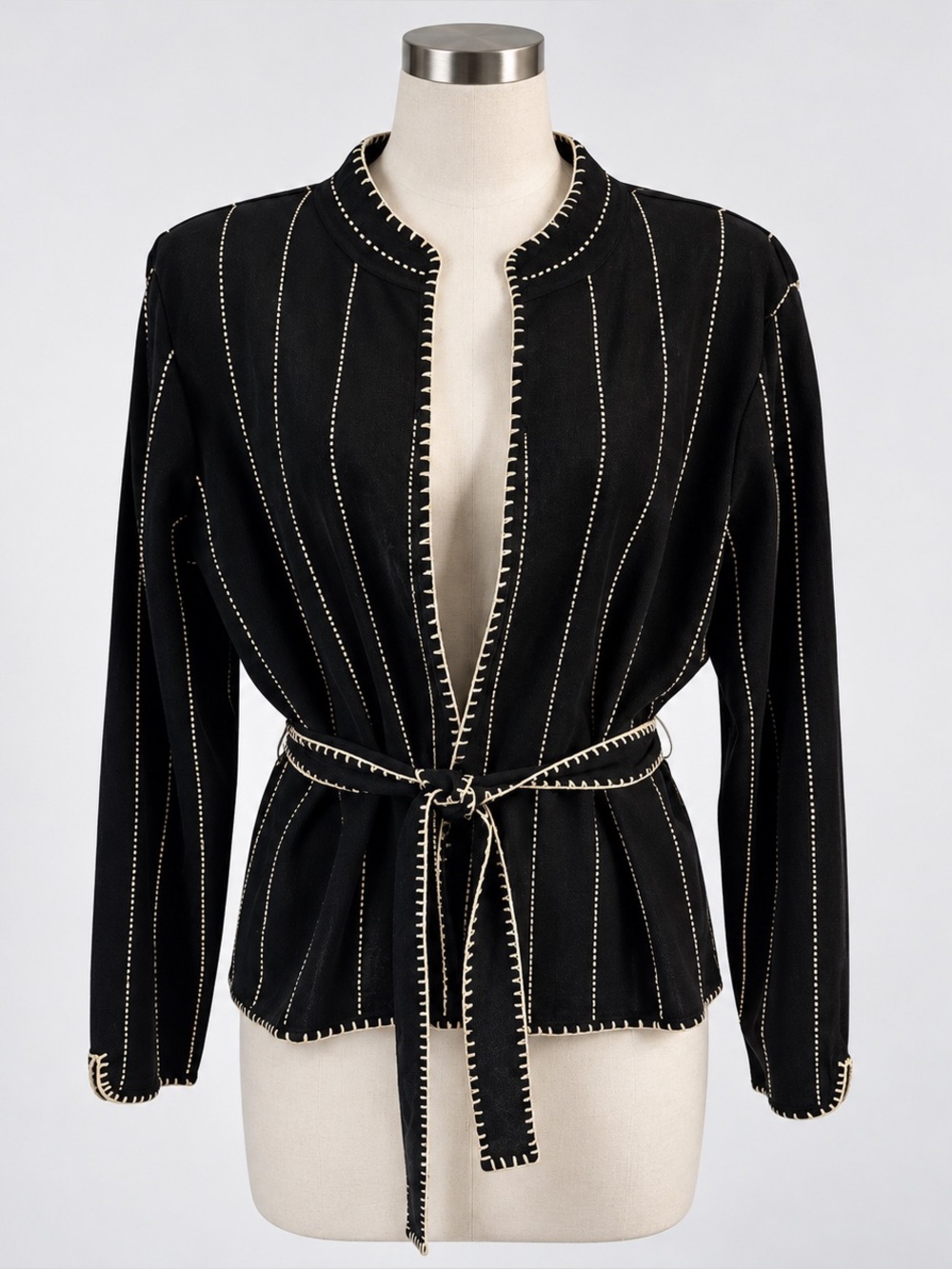 MING WANG Black & Light Yellow Open Front Belted Knit Jacket size large